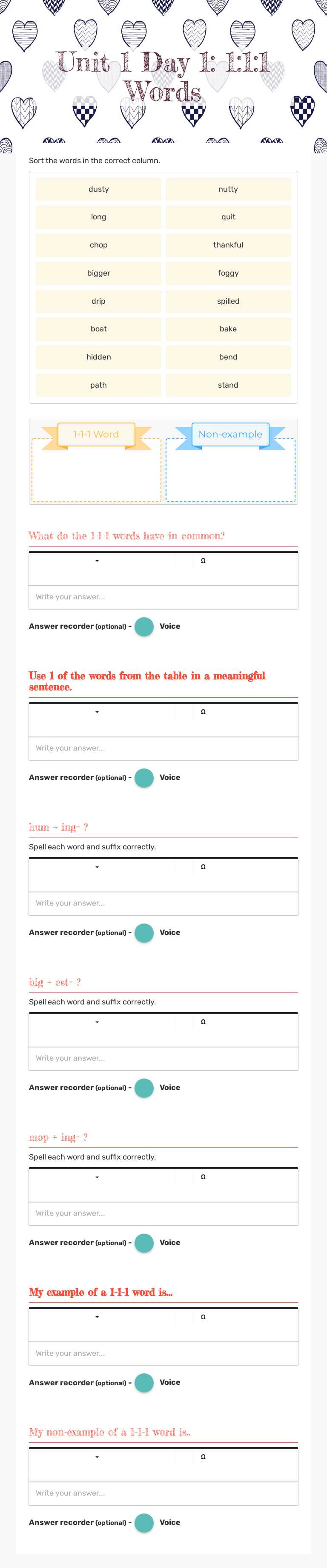 Unit 1 Day 1: 1:1:1 Words worksheet preview