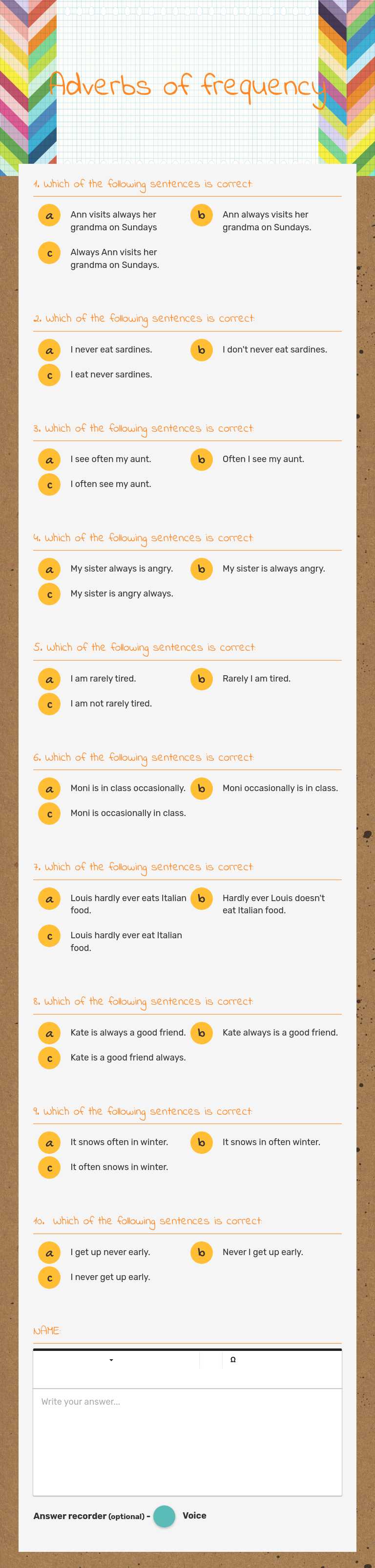 Adverbs of frequency worksheet preview image