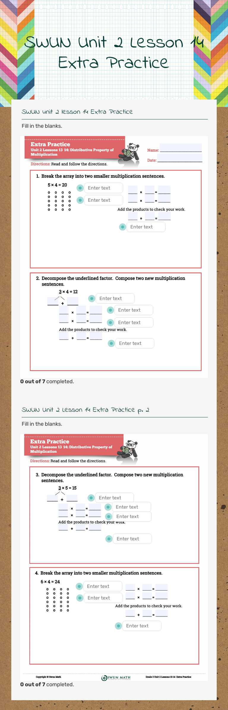 SWUN Unit 2 Lesson 14 Extra Practice Grade 3 worksheet preview