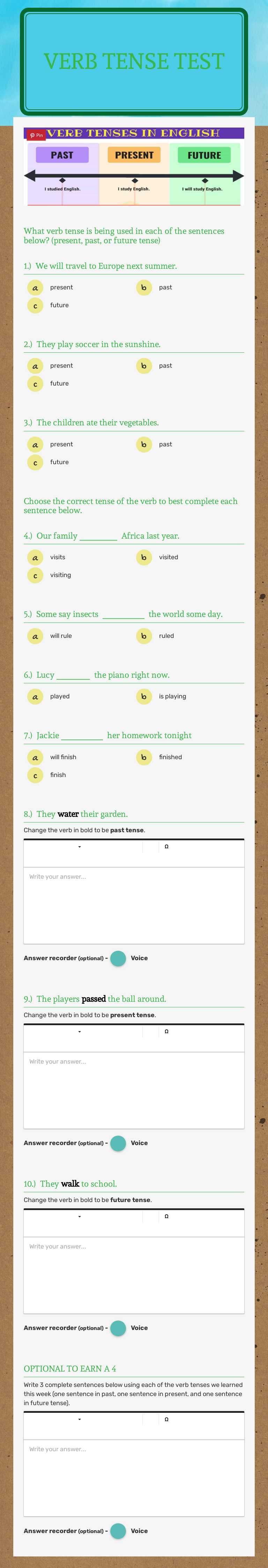 Verb Tense Test worksheet preview image