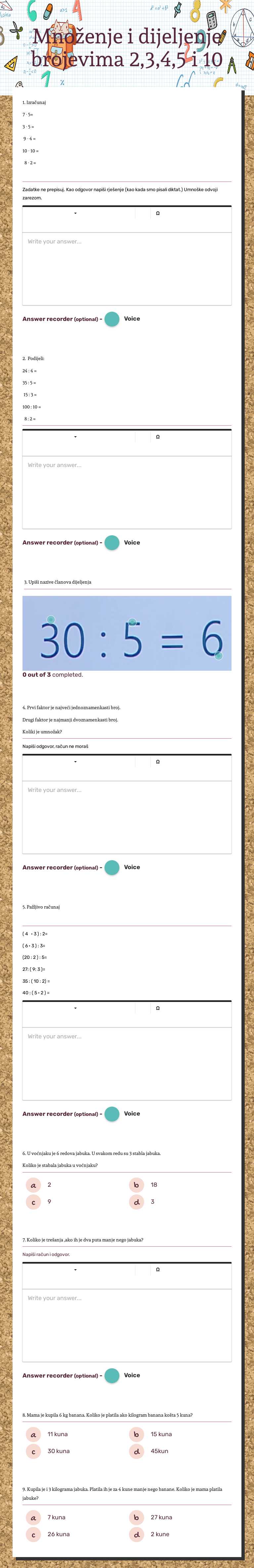 Množenje i dijeljenje brojevima 2,3,4,5 i 10 Grade 2 worksheet preview