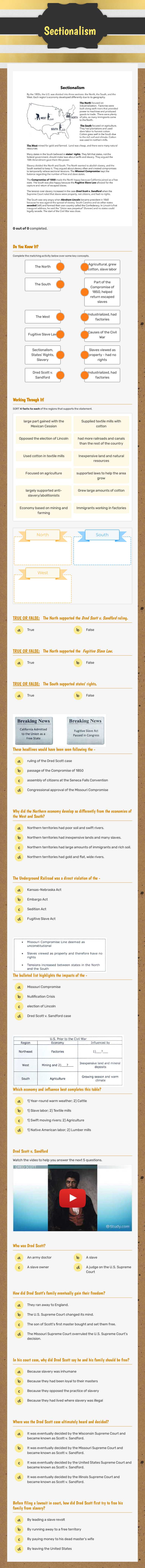 Sectionalism worksheet preview image