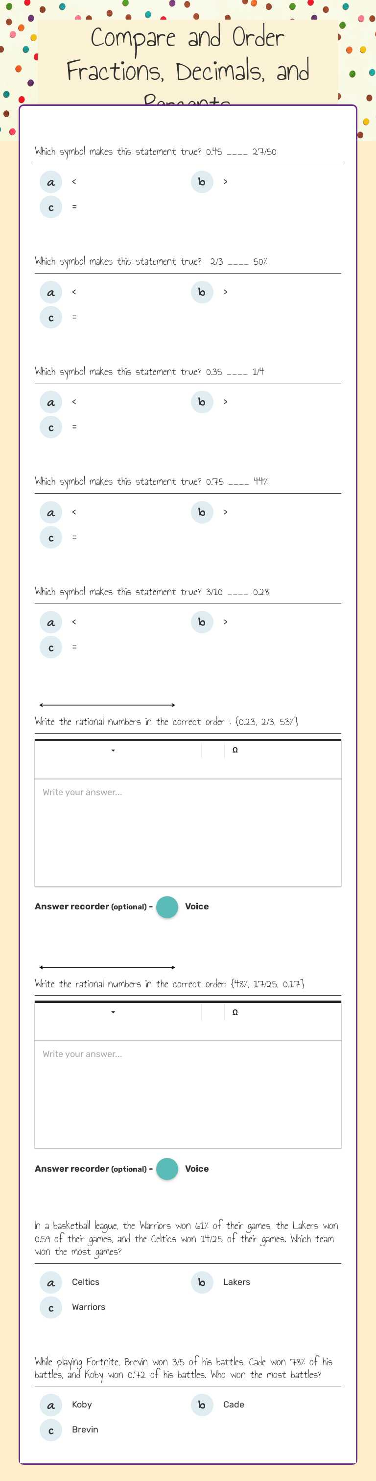 Compare and Order Fractions, Decimals, and Percents worksheet preview image