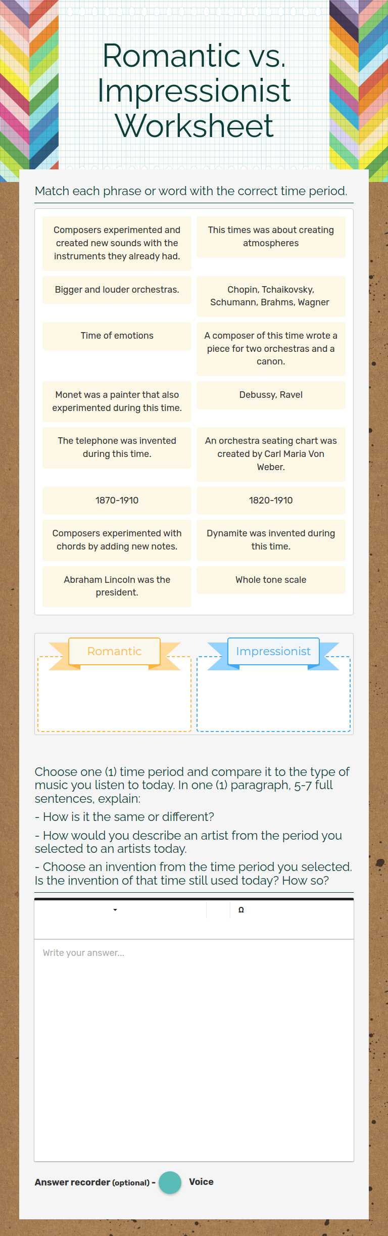 Romantic vs. Impressionist Worksheet worksheet preview