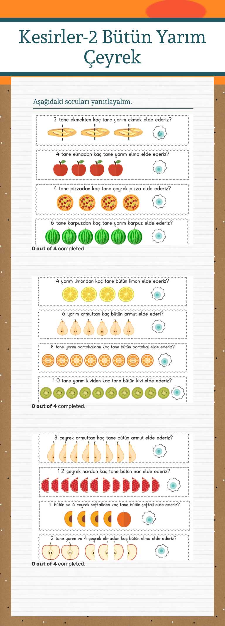 Kesirler-2 Bütün Yarım Çeyrek worksheet preview image