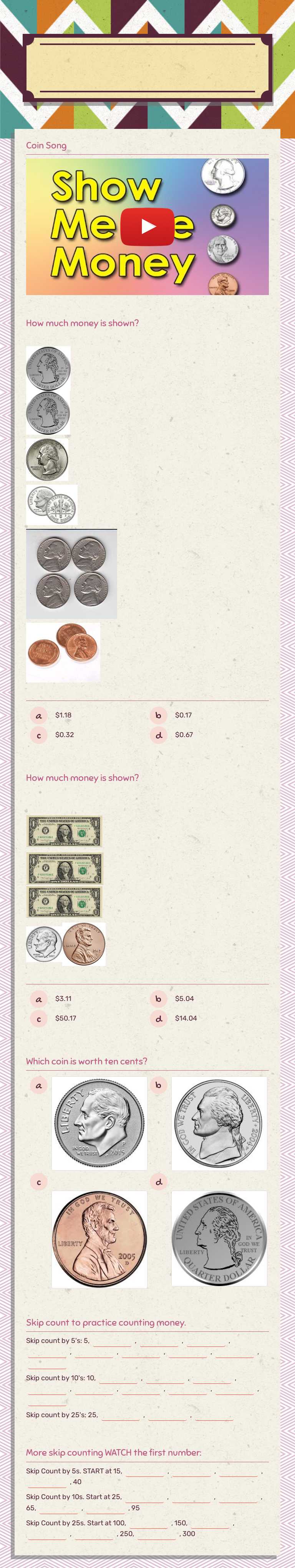 Coins and Bills Grade 2 worksheet preview