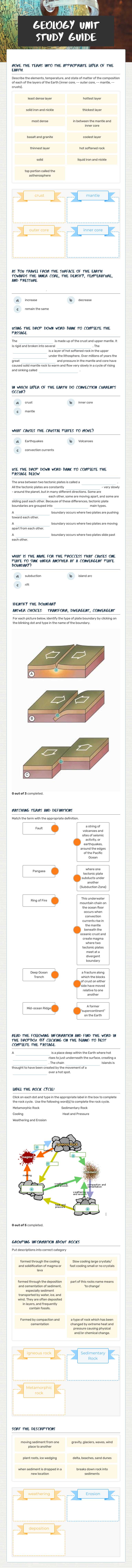 Geology Unit study guide Grade 8 worksheet preview