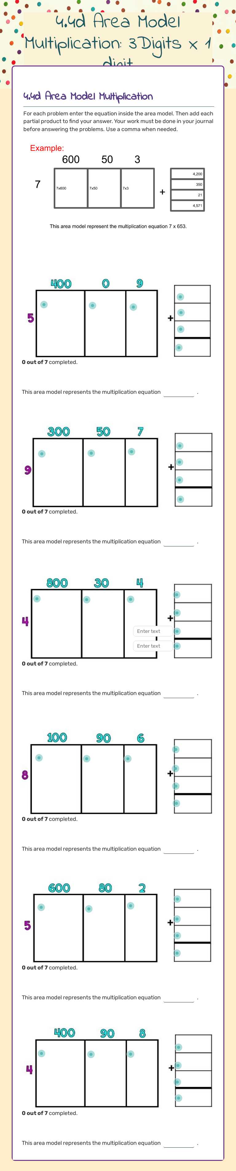 4.4d Area Model Multiplication: 3Digits x 1 digit worksheet preview image
