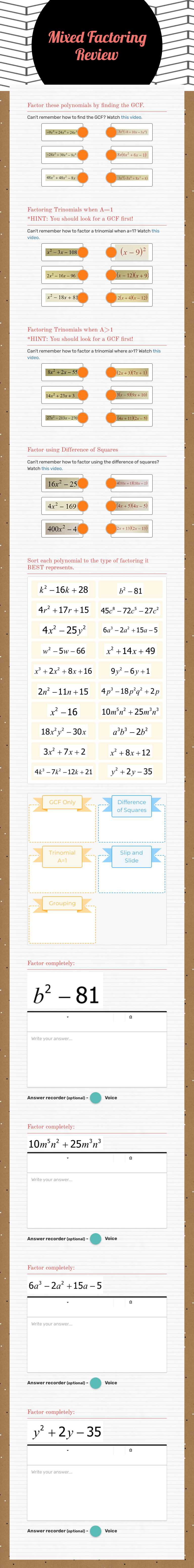 Mixed Factoring Review worksheet preview image