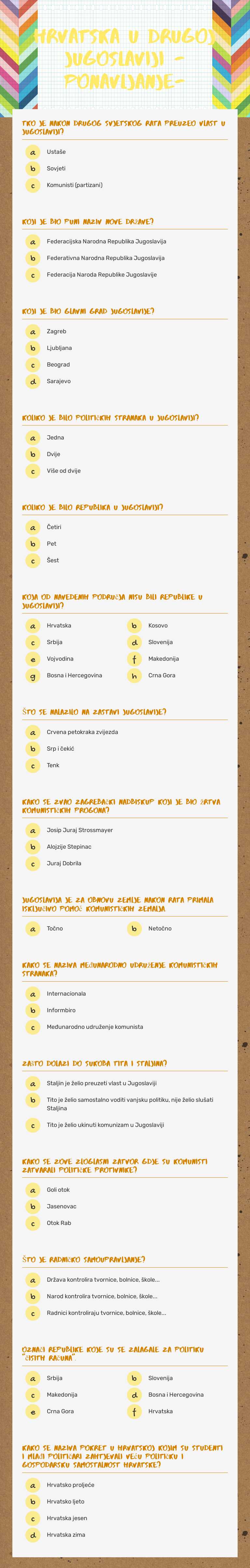 Hrvatska u drugoj Jugoslaviji  -ponavljanje- worksheet preview image