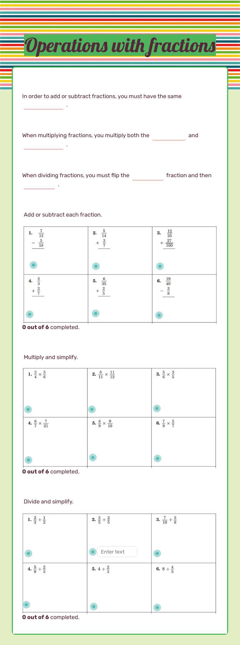 Operations with fractions worksheet preview image