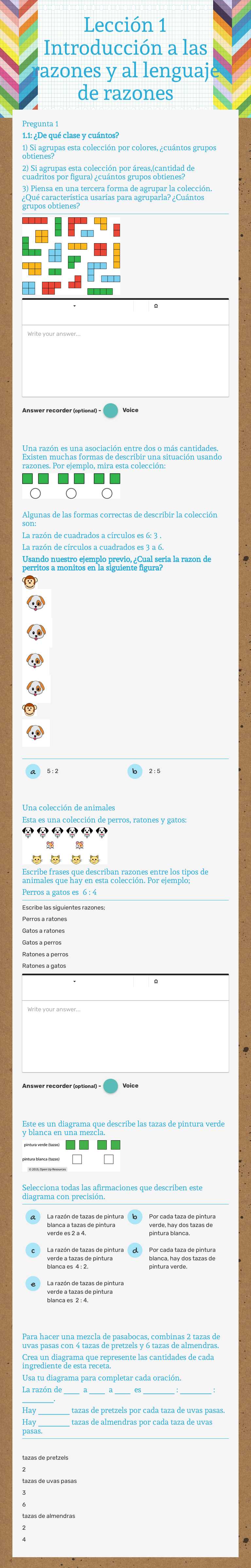 Lección 1
Introducción a las razones y al lenguaje de razones Grade 6 worksheet preview