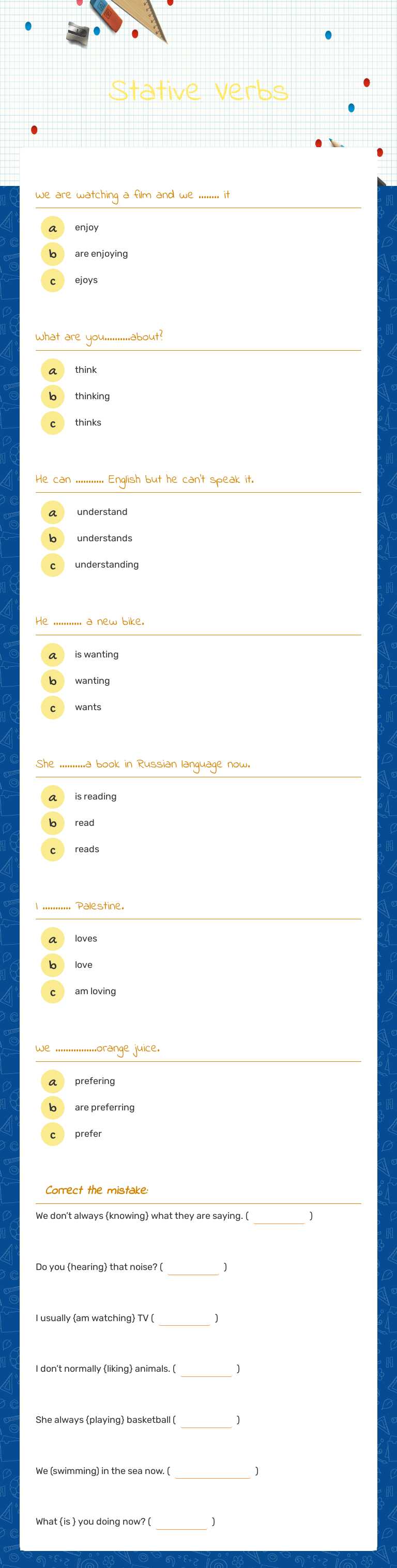 Stative Verbs Grade 7 worksheet preview