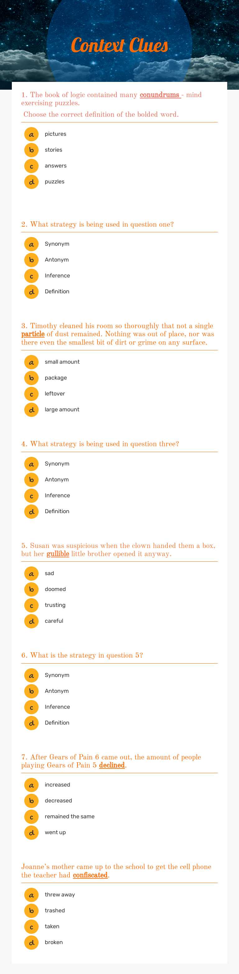 Context Clues Grade 4 worksheet preview