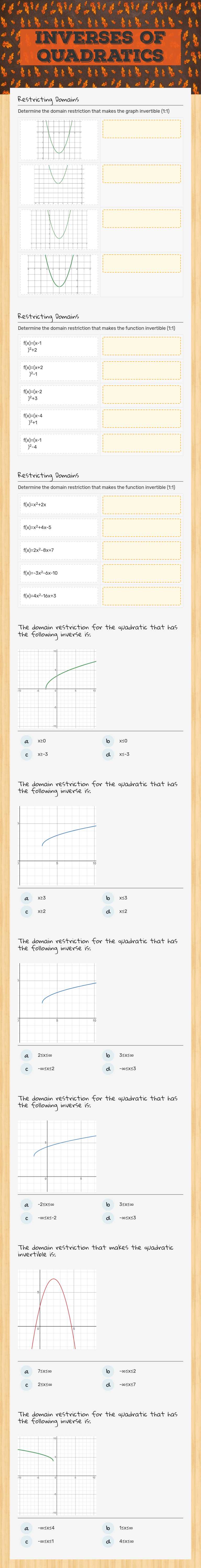 Inverses of Quadratics worksheet preview image