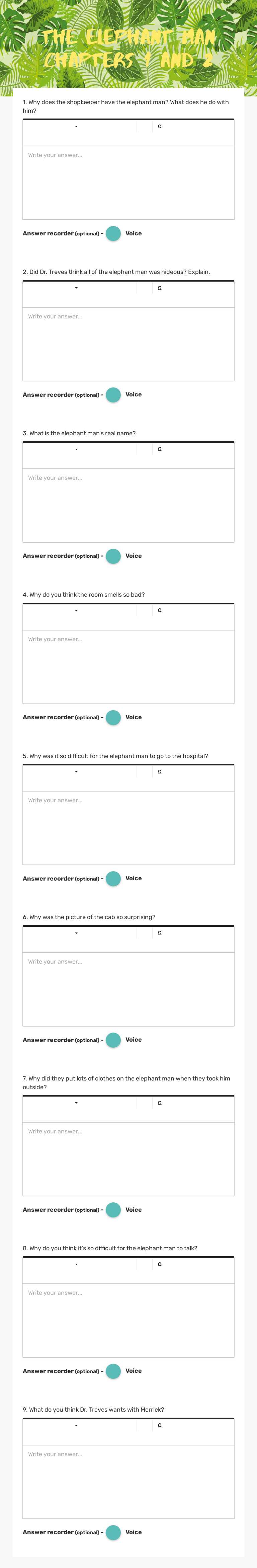 The Elephant Man Chapters 1 and 2 Grade 5 worksheet preview
