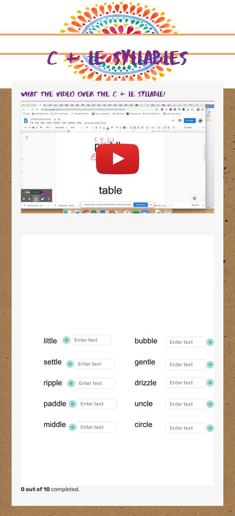 C + le Syllables worksheet preview image