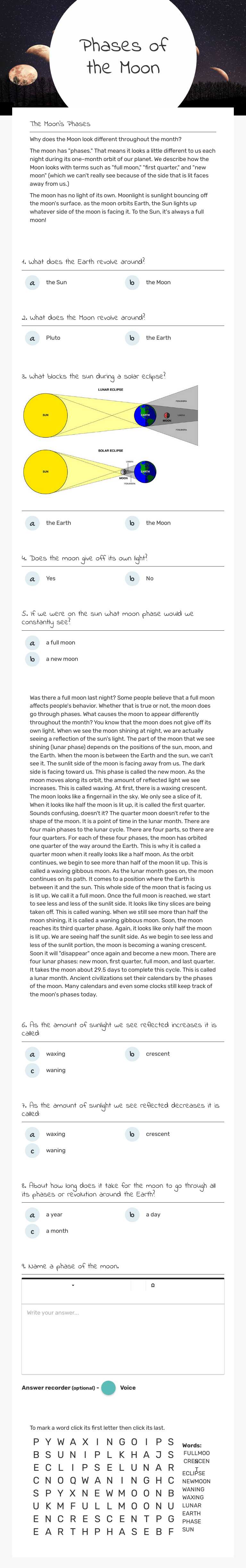 Phases of the Moon worksheet preview image