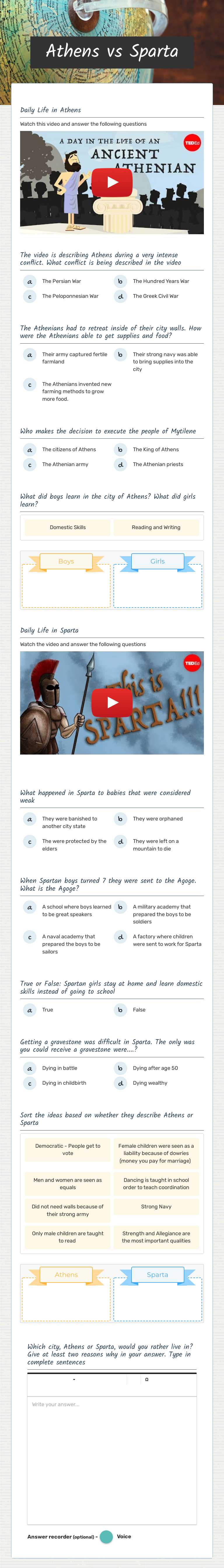 Athens vs Sparta worksheet preview image