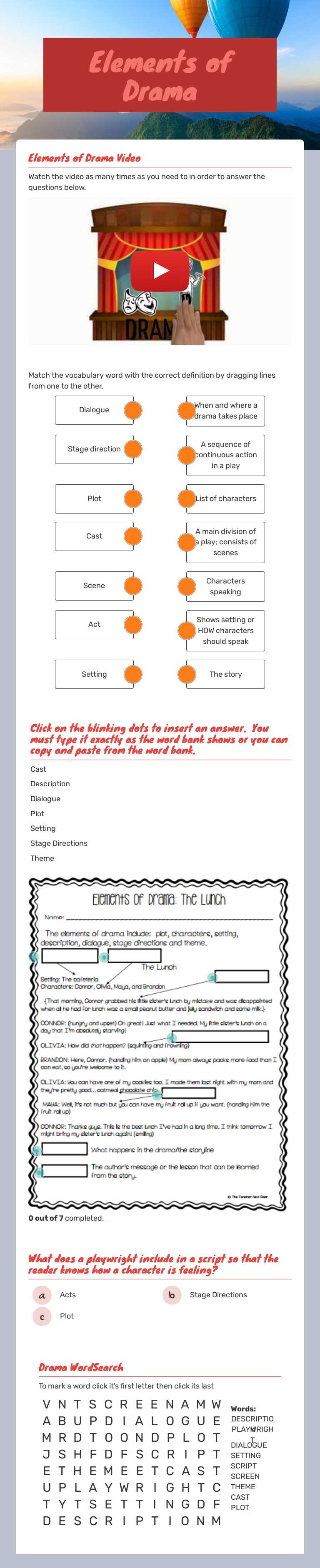 Elements of Drama worksheet preview image