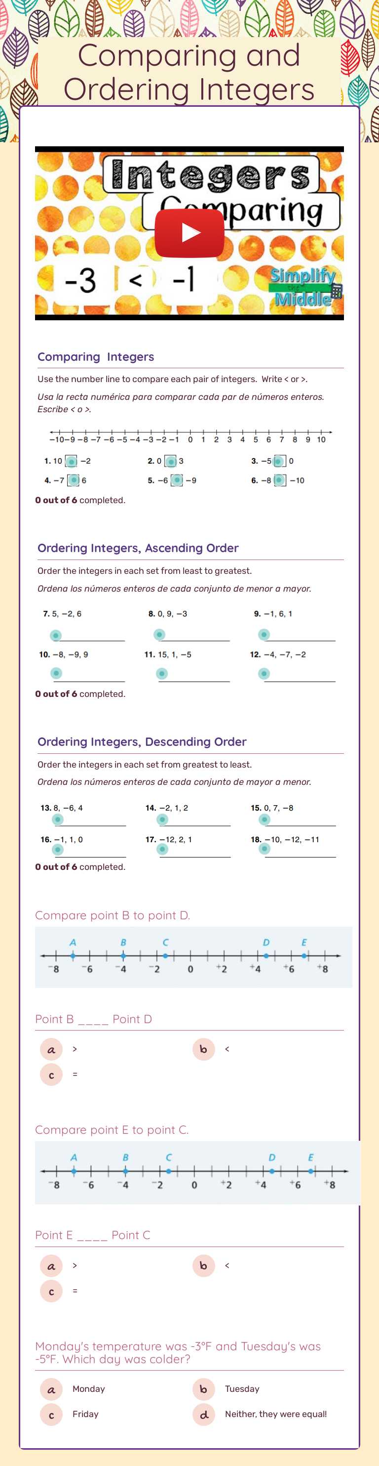 Comparing and Ordering Integers worksheet preview image