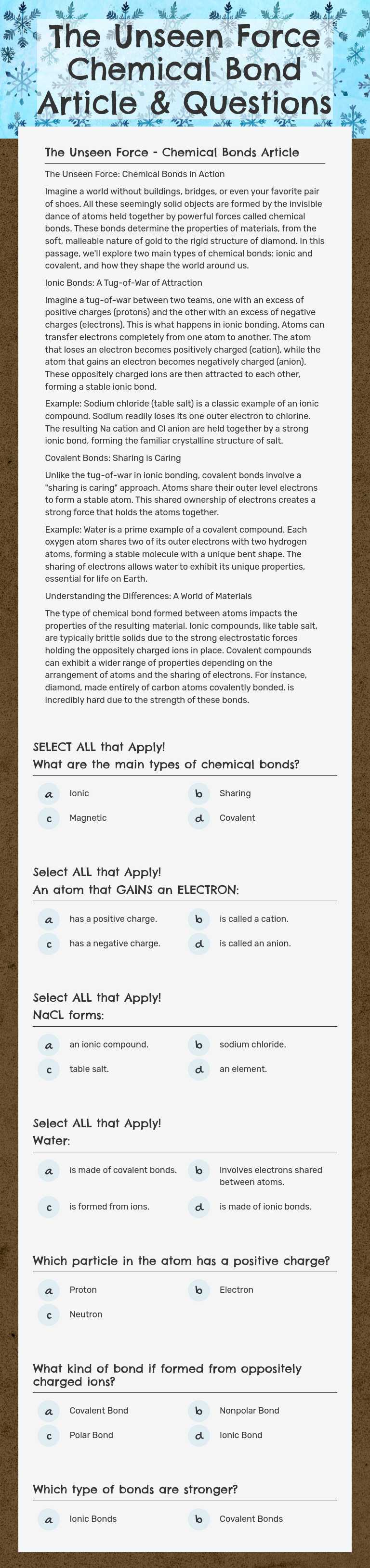 The Unseen Force Chemical Bond Article & Questions worksheet preview image