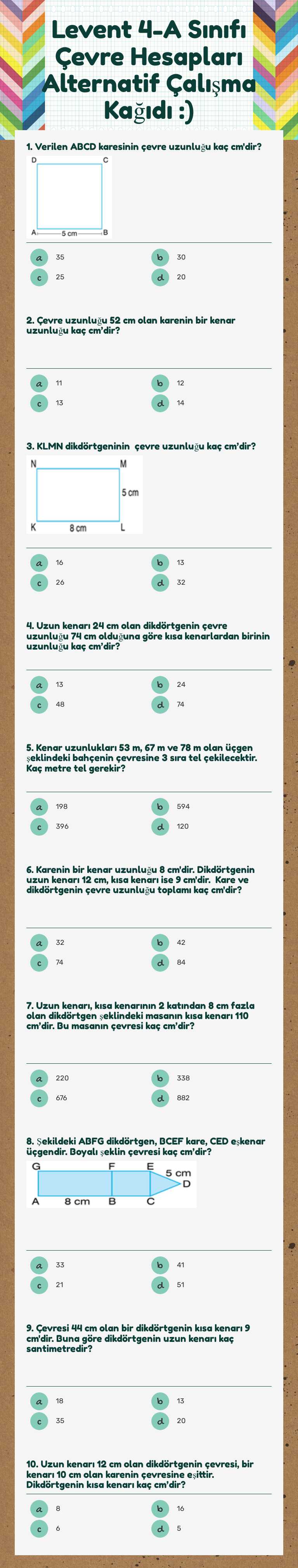 Levent 4-A Sınıfı Çevre Hesapları Alternatif Çalışma Kağıdı :) worksheet preview image