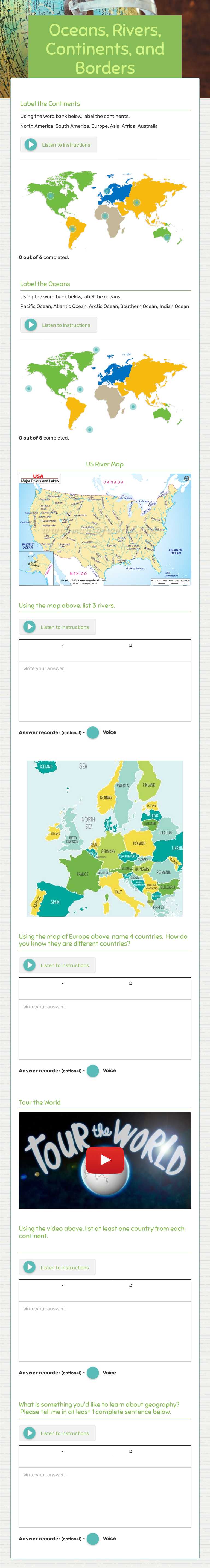 Oceans, Rivers, Continents, and Borders worksheet preview image