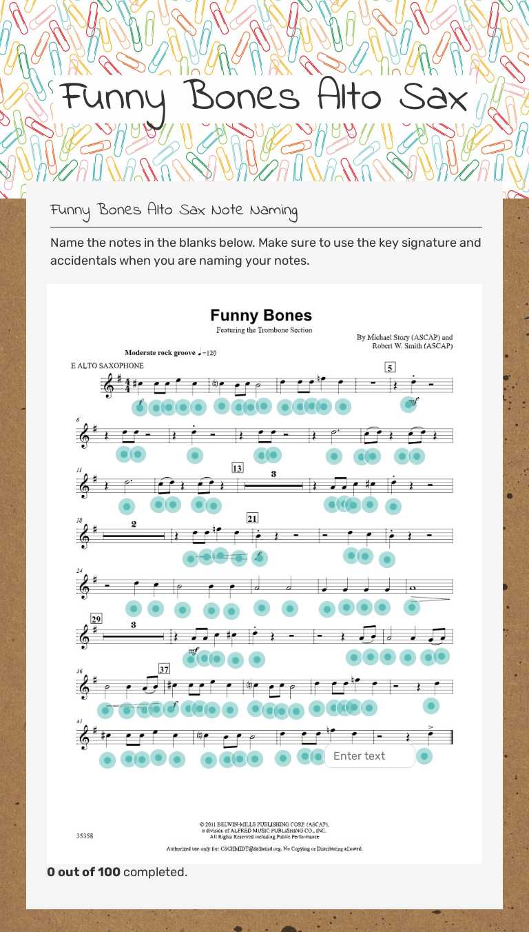 Funny Bones Alto Sax worksheet preview image