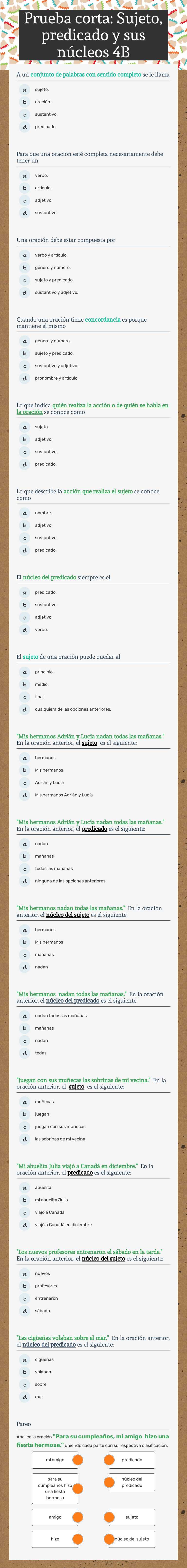 Prueba corta: Sujeto, predicado y sus núcleos 4B Grade 4 worksheet preview