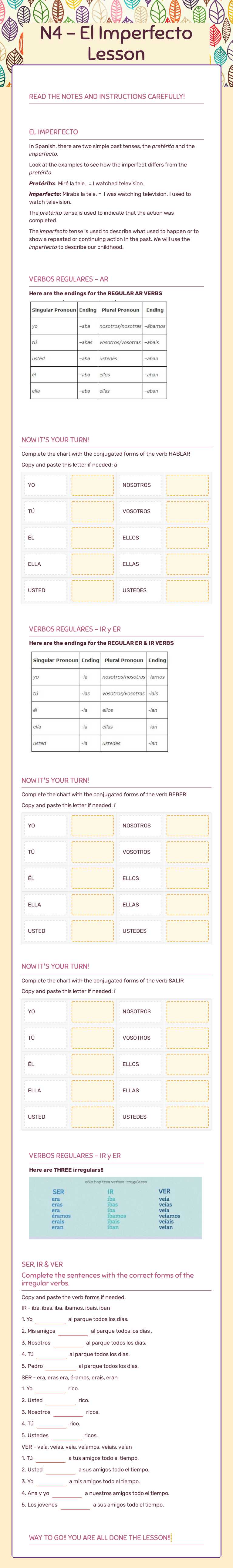 N4 - El Imperfecto Lesson worksheet preview image