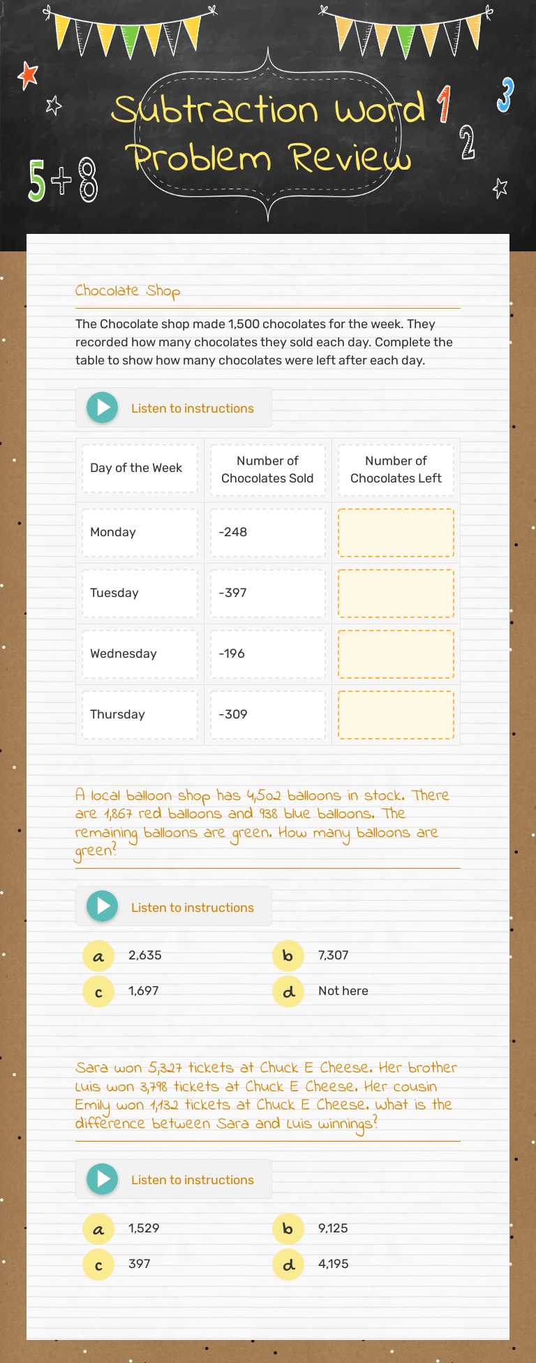 Subtraction Word Problem Review worksheet preview image