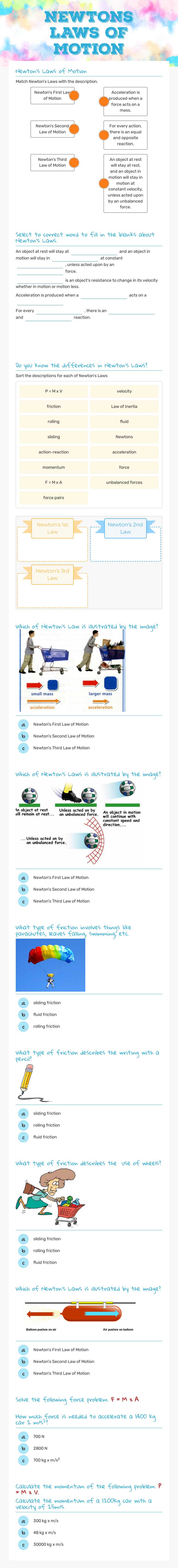 NEWTONS LAWS OF MOTION worksheet preview image
