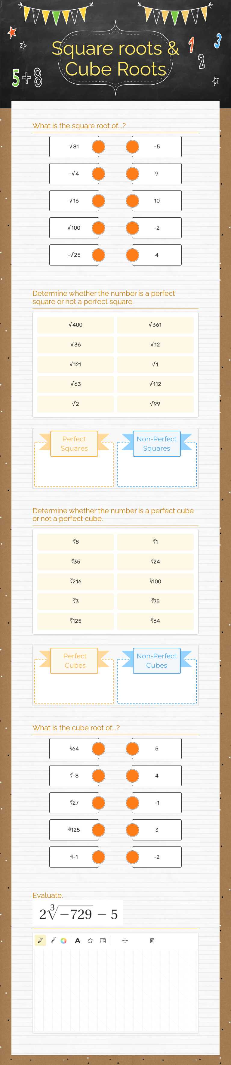 Square roots & Cube Roots worksheet preview image