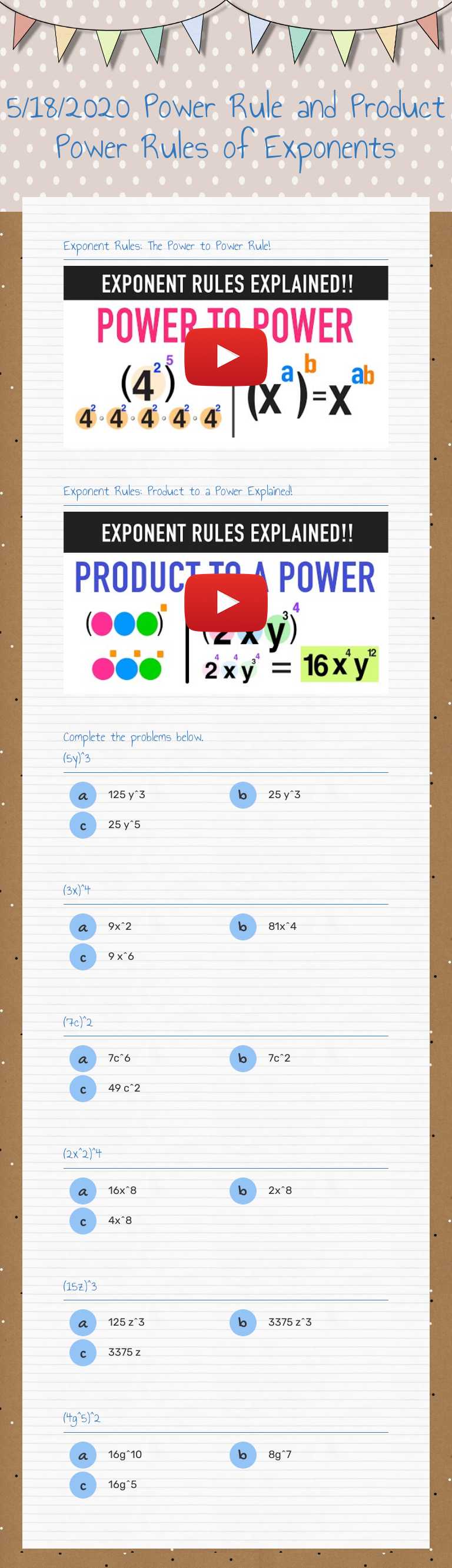 5/18/2020 Power Rule and Product Power Rules of Exponents Grade 9 worksheet preview