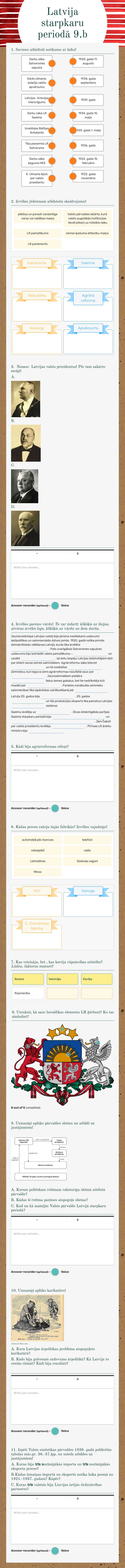 Latvija starpkaru periodā 9.b worksheet preview image