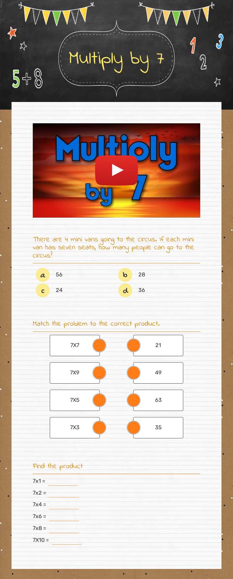 Multiply by 7 worksheet preview image