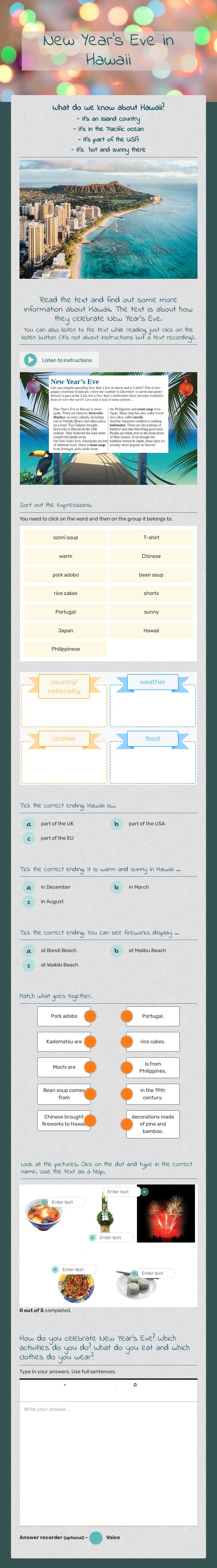 New Year's Eve in Hawaii worksheet preview image