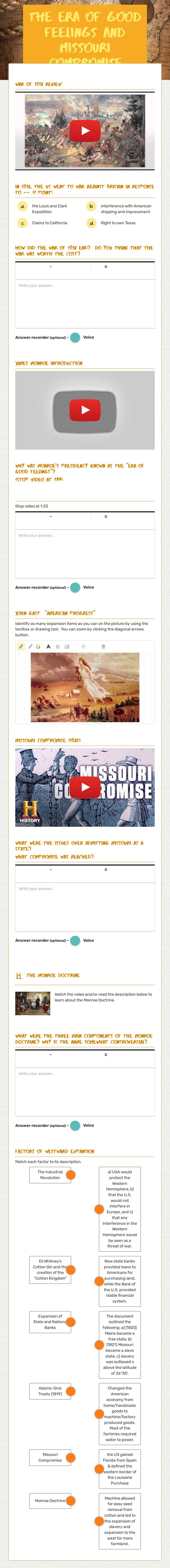 The Era of good feelings and Missouri Compromise worksheet preview image