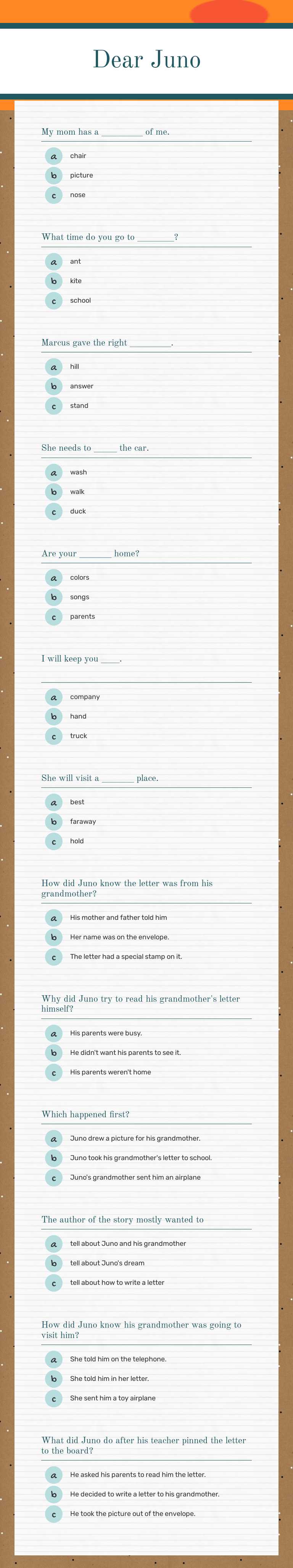 Dear Juno Grade 2 worksheet preview