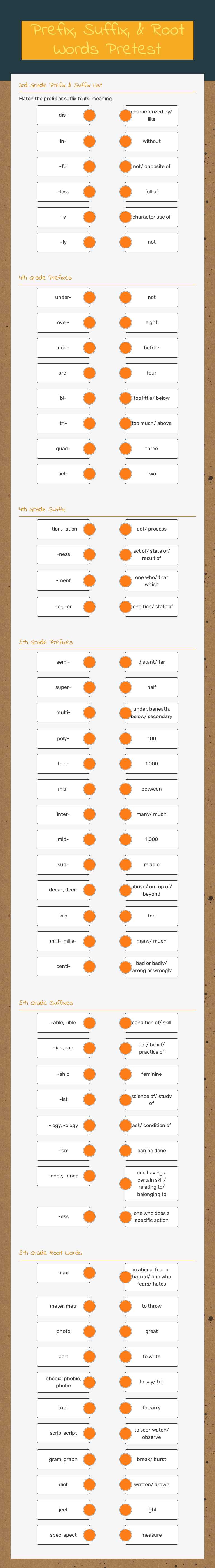 Prefix, Suffix, & Root Words Pretest worksheet preview image