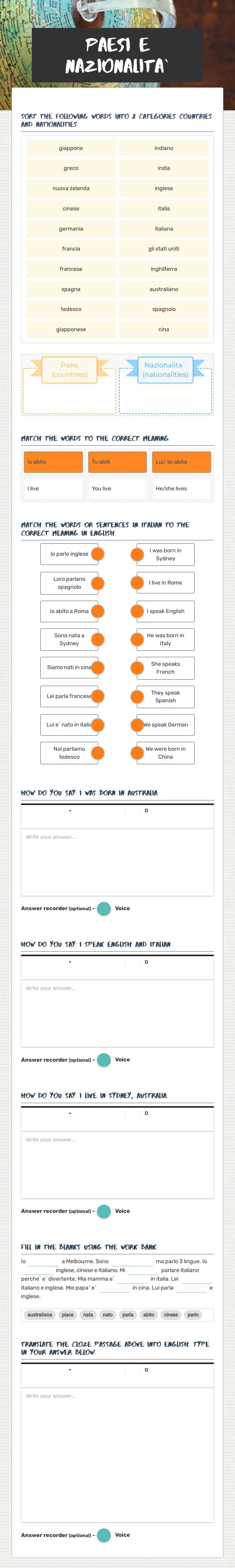 Paesi e nazionalita` worksheet preview image