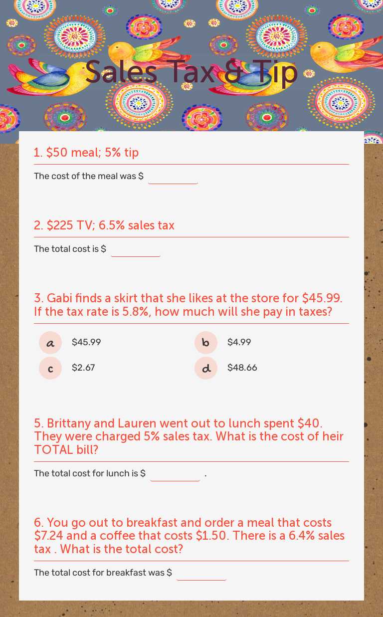 Sales Tax & Tip worksheet preview image