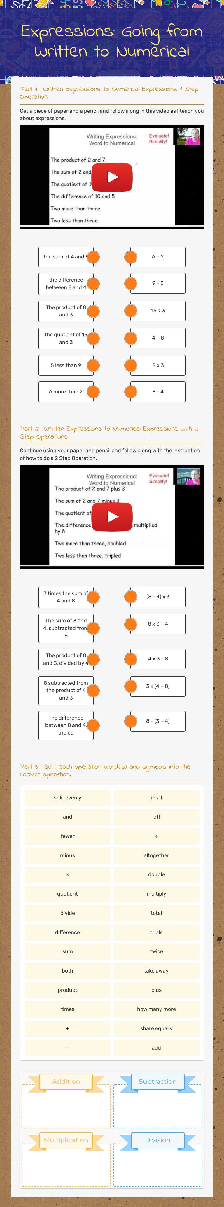 Expressions: Going from Written to Numerical worksheet preview image