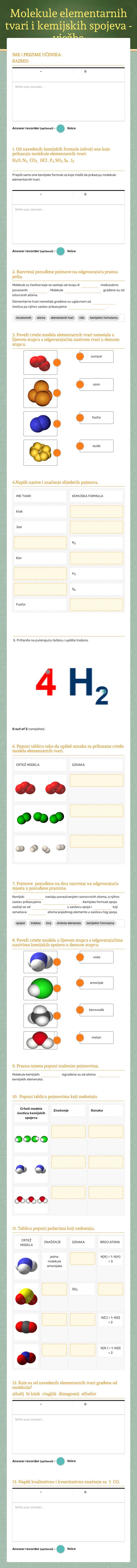 Molekule elementarnih tvari i kemijskih spojeva -  vježba worksheet preview image