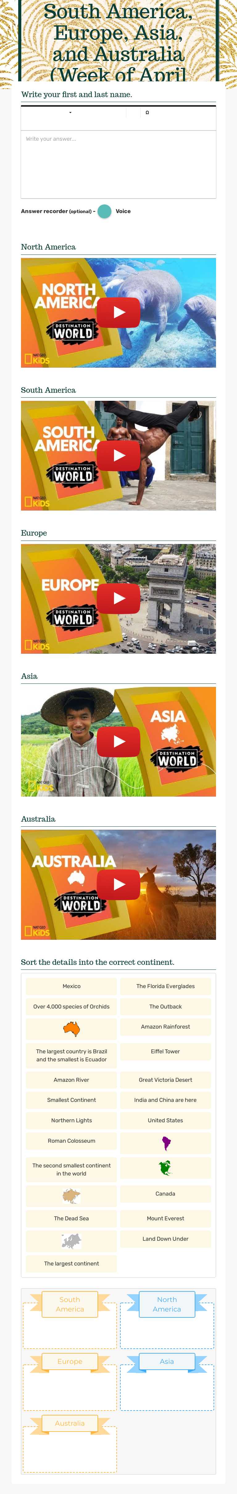North America, South America, Europe, Asia, and Australia (Week of April 19) worksheet preview image