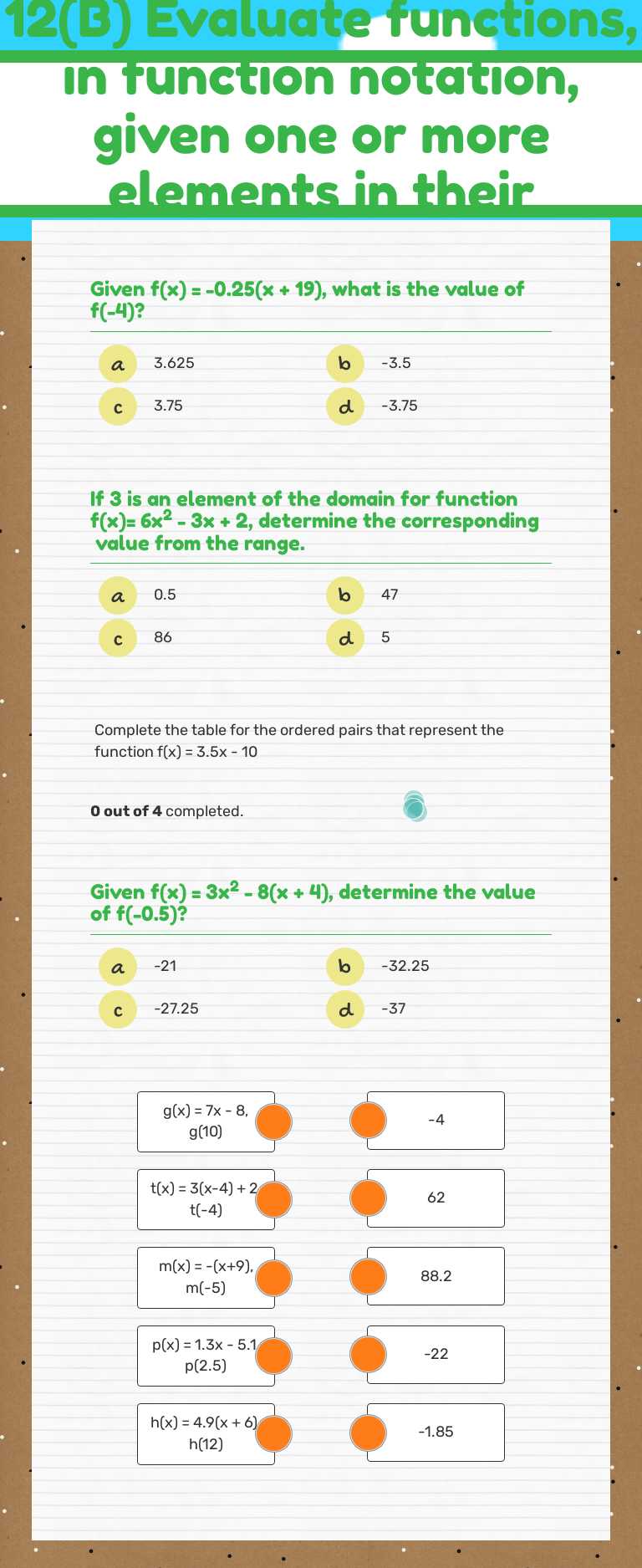 12(B) Evaluate functions, in function notation, given one or more elements in their domains worksheet preview image