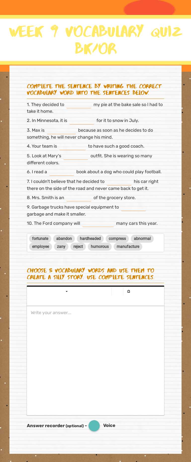 Week 9 Vocabulary Quiz Bk/Or worksheet preview