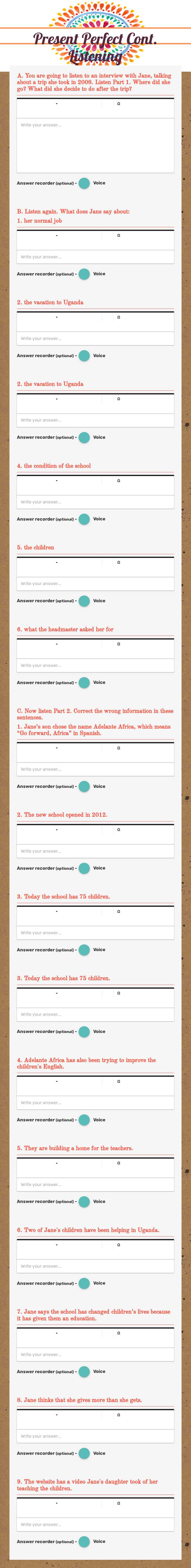 Present Perfect Cont. Listening Grade 8 worksheet preview