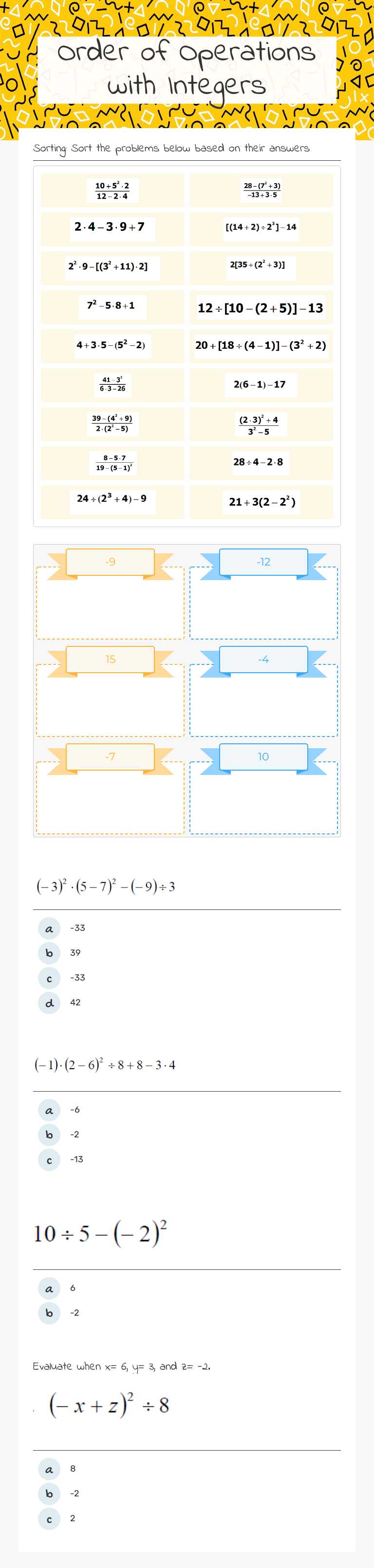Order of Operations with Integers worksheet preview image
